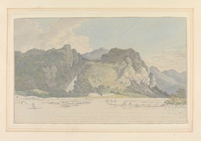 Lodore Rotsen -- waterval & huisje door Joseph Farington