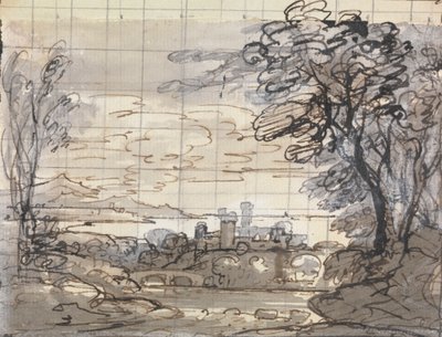 Rivier met kasteel en brug door Joseph Farington