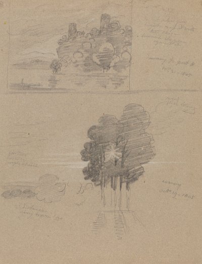 Twee Schetsen van een Kasteel en van Bomen; Ochtend en Avond door Joseph Farington