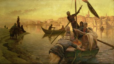 In Caïro: De Veerboot van het Eiland Gazirie op de Nijl of Boulach de Haven van Caïro door Joseph Farquharson