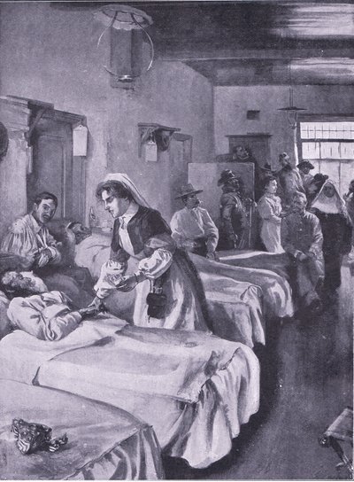 Boerenkrijgsgevangenen in het Paleisziekenhuis in Simonstad, illustratie uit Na Pretoria: De Guerrillaoorlog, 1902 door Joseph Finnemore