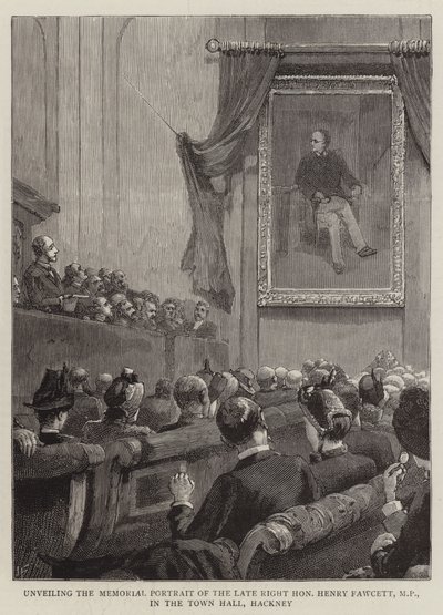 Onthulling van het herdenkingsportret van wijlen de zeer eerbiedwaardige Henry Fawcett, MP, in het stadhuis van Hackney door Joseph Finnemore
