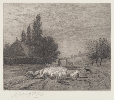 Dorpstraat in Frankrijk met een kudde schapen door Joseph Foxcroft Cole