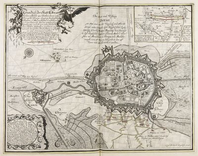 Schets van de stad Douay met het fort aan de Escarpe, ongeveer 800 roeden ervan verwijderd, ligt in het graafschap Vlaanderen, 7 mijl van Rissel, 6 van Dornik en 6 van Camerich, heeft een middelmatig baljuwschap en is bezaaid met vele mooie kerken, cl door Joseph Friedrich Leopold