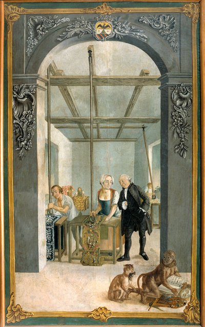 Wetter Brothers Indian Fabric Factory: Werknemers die door het rooster van bedrukte doeken gaan door Joseph Gabriel Rossetti