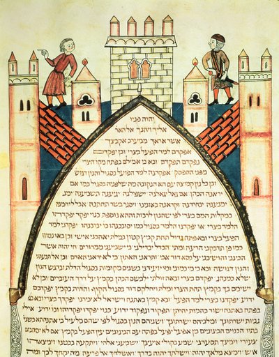Een uitkijk geeft alarm, illustratie uit de Joodse Cervera Bijbel, 1299 door Joseph Ha Zarefati