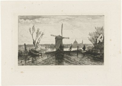 Schaatsenrijder bij een molen door Joseph Hartogensis