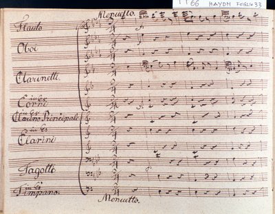 Eerste pagina van bladmuziek van menuet in Symfonie 66 in Bes majeur door J Haydn door Joseph Haydn