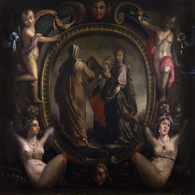 Drie allegorische figuren in een cartouche door Joseph Heintz