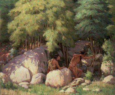 Indiaanse krijgers jagen op herten door Joseph Henry Sharp
