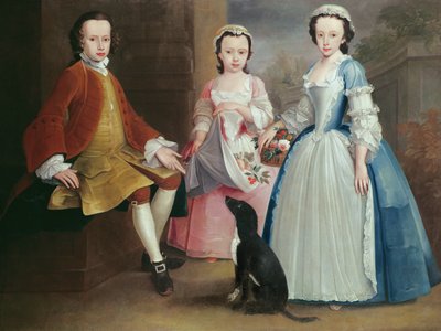 Sara, Anna en Evan Davies met hun hond door Joseph Highmore