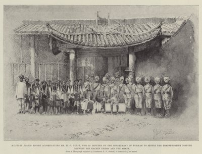 Militaire politie-escorte die Mr H F Hertz begeleidt, die door de regering van Birma is afgevaardigd om het grensgeschil tussen de Kachin-stammen en de Shans op te lossen door Joseph Holland Tringham