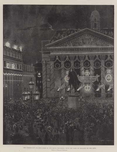 De kroningsverlichting bij de Royal Exchange, met de Bank of England aan de linkerkant door Joseph Holland Tringham