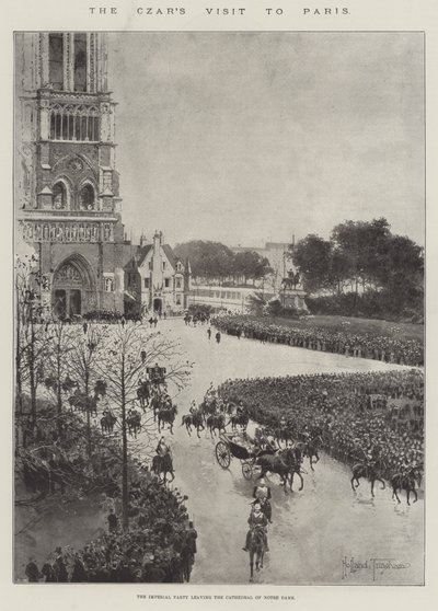 Het Bezoek van de Tsaar aan Parijs, het Keizerlijke Gezelschap verlaat de Kathedraal van Notre Dame door Joseph Holland Tringham
