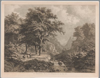 Bergachtig landschap met in het midden een waterval, links een jongen met drie koeien en een hond door Joseph Hubert Blees