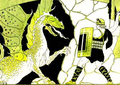 Siegfried vecht tegen de Draak. Legende van de Nibelungen. Illustratie door Joseph Kuhn Regnier (Kuhn-Regnier) (1873-1940) voor "Epopees et legendes d