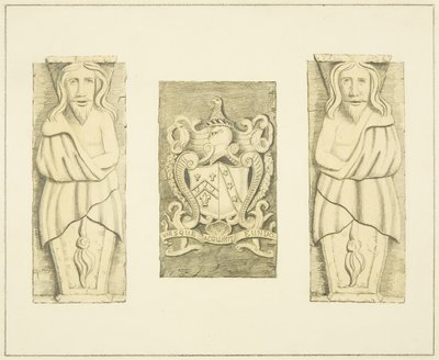 2 figuren en wapen van poort bij het Zwarte Kasteel, Brislington door Joseph Manning