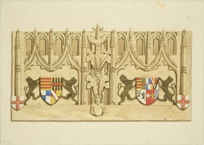 Beeldhouwwerk op de muur achter de zetels van de gemeente in St Mark