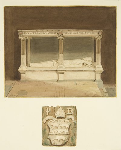 Graf van bisschop Paul Bush en wapenschild in de kathedraal van Bristol door Joseph Manning