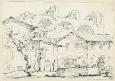 Huizen aan de noordkant van het Forum met de basiliek van Maxentius daarachter door Joseph Marie Vien