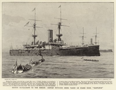 Britse Bluejackets te hulp, Kretenzische vluchtelingen worden aan boord van HMS Barfleur genomen door Joseph Nash