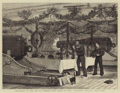 Kerstmis in de Zee van Marmora, Mess Deck van HMS Achilles wacht op inspectie door Joseph Nash