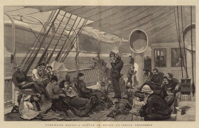 Op weg naar huis, een schets aan boord van een Indiase troepenschip door Joseph Nash