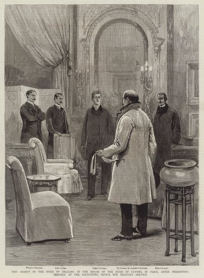 De arrestatie van de hertog van Orléans bij het huis van de hertog van Luynes, in Parijs, na zich te hebben gemeld bij het wervingsbureau voor militaire dienst door Joseph Nash