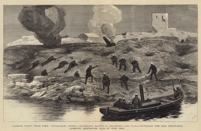 Het bombardement van Alexandrië, landingspartij van HMS Invincible, onder luitenant Barton R. Bradford en vlag-luitenant de eerbiedwaardige Hedworth Lambton die kanonnen vernietigen bij Fort Mex door Joseph Nash