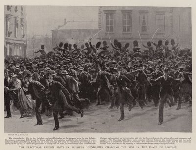 De Kieshervormingsrellen in Brussel, Gendarmes bestormen de menigte op de Place de Louvain door Joseph Nash