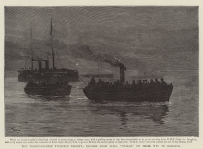 Het Frans-Siamese grensgeschil, matrozen van HMS Pallas op weg naar Bangkok door Joseph Nash