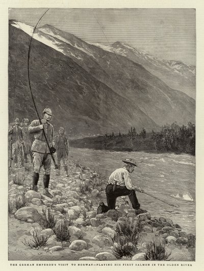 Het bezoek van de Duitse keizer aan Noorwegen, zijn eerste zalm vissend in de Olden-rivier door Joseph Nash