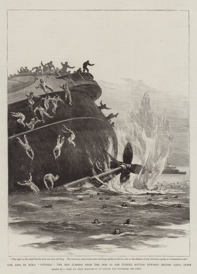 Het verlies van HMS Victoria, de mannen springen van het schip terwijl het ondersteboven draait voordat het zinkt door Joseph Nash