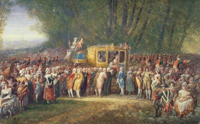 Koning Lodewijk XVI wordt door de vrouwen van Les Halles van Versailles naar Parijs gebracht in oktober 1789 door Joseph Navlet