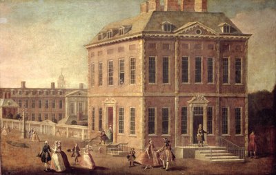 Uitzicht op Ranelagh House en Tuinen, en het Chelsea Hospital, met figuren die op de voorgrond wandelen door Joseph Nickolls