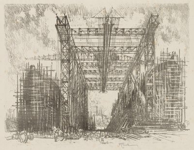 Engels Oorlogswerk: De Kraanbaan (Een Koopvaardijwerf) door Joseph Pennell
