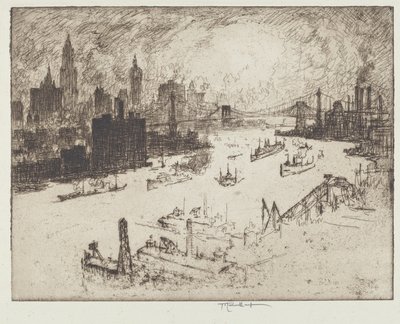 Zonsondergang, vanaf Williamsburg Bridge door Joseph Pennell