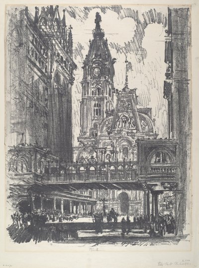 Het stadhuis en de brug over Market Street, 1912 door Joseph Pennell