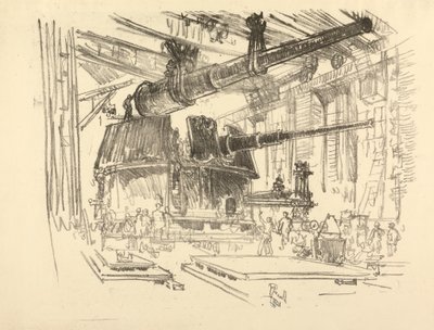 De Engelse Oorlog Serie: W. 448 Kanonnen in Torens Monteren door Joseph Pennell