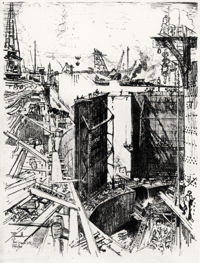 De Sluispoort bij Gatun, plaat V uit Het Panamakanaal door Joseph Pennell, 1912 door Joseph Pennell