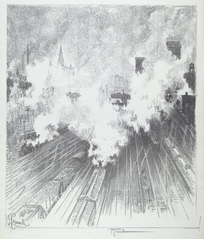 Treinwerf, St. Louis, 1919 door Joseph Pennell