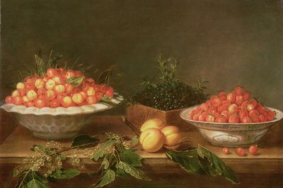 Stilleven met fruit in porseleinen schalen en een houten doos door Joseph Plepp