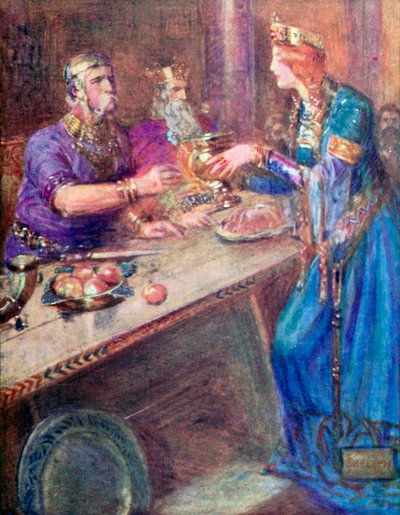 Schenkt aan elke krijger wijn uit de Gouden Beker (kleurenlitho) door Joseph Ratcliffe (after) Skelton