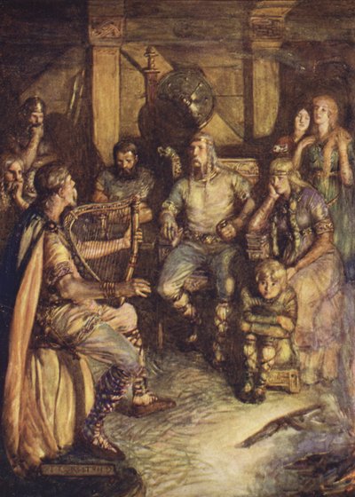 De gleeman zingt de daden van Beowulf door Joseph Ratcliffe (after) Skelton