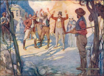De koets zou worden overvallen en alle passagiers beroofd, c1908, c1920 door Joseph Ratcliffe Skelton