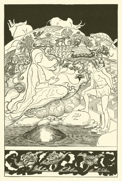 Pau Amma de krab rent weg terwijl de oudste magiër met de man en zijn kleine dochter praat door Joseph Rudyard (after) Kipling