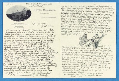 Handgeschreven brief aan Kol. H. W. Feilden, Hotel Bellvue Cannes, 9 april door Joseph Rudyard Kipling