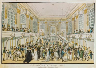 Zaal van het K. u. K. Redoutensaal tijdens een gemaskerd bal door Joseph Schütz