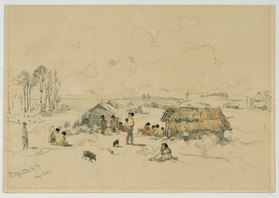 Maori-dorp aan de rivier Mangatawhiri, Auckland (Nieuw-Zeeland) door Joseph Selleny