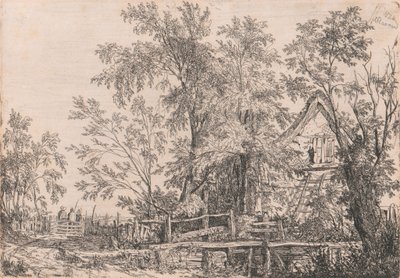 Vervallen huisje in landschap met figuren door Joseph Stannard